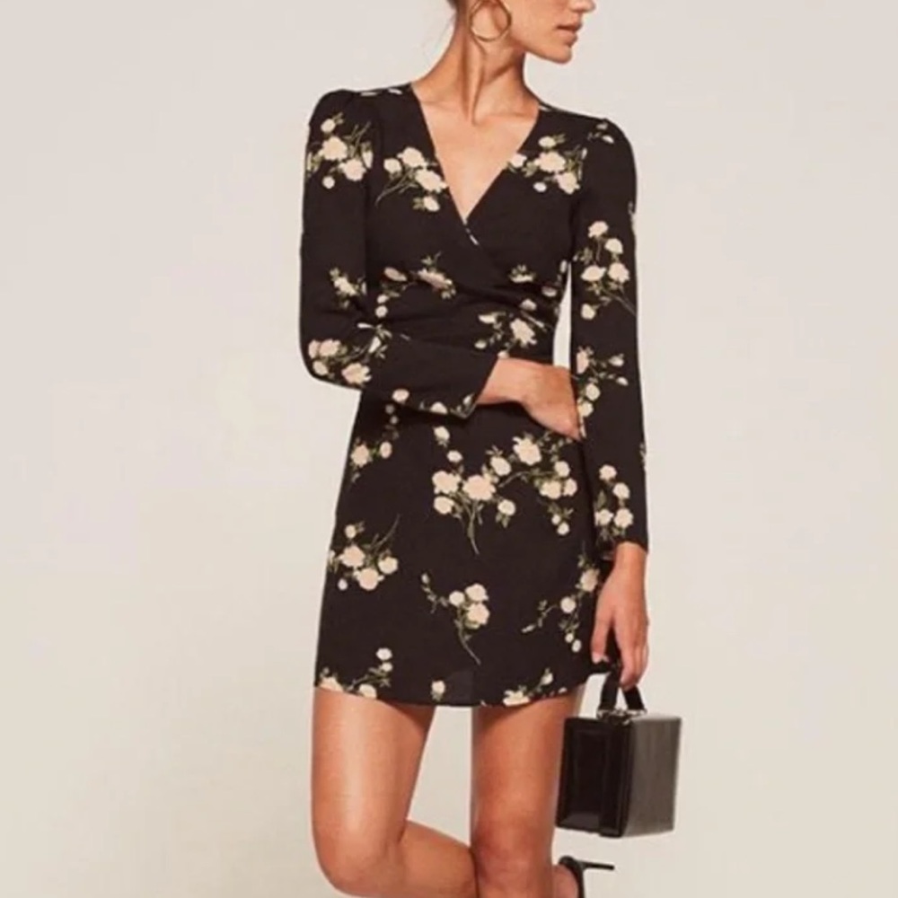 Reformation Zircon Contessa Black Floral Wrap Mini Tie Dress Size 4 Sold Out